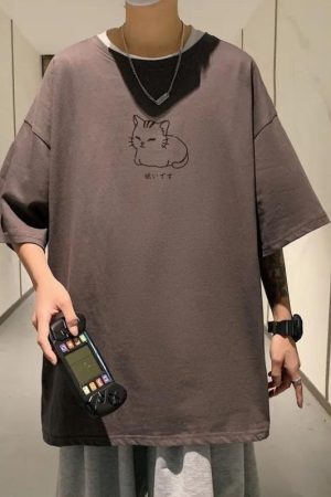 Style Core Aesthetics, New Style Trends - Lying Cat Drop Shoulder Tee