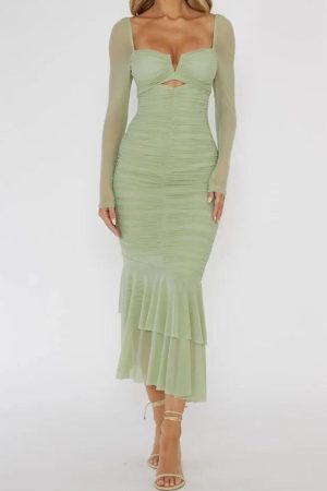 Style Core Aesthetics, New Style Trends - Mesh Ruched Bodycon Midi Dress