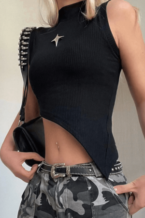 Style Core Aesthetics, New Style Trends - Metal Star Asymmetric Ribbed Tank Top