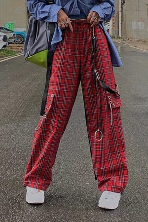 Style Core Aesthetics, New Style Trends - Pantalon Cargo Motif Carreaux Rouge Punk