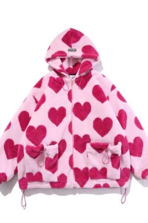 Style Core Aesthetics, New Style Trends - Pink Heart Pattern Hooded Jacket