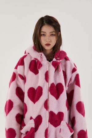 Style Core Aesthetics, New Style Trends - Pink Heart Pattern Hooded Jacket