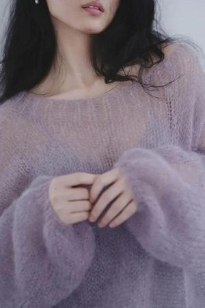 Style Core Aesthetics, New Style Trends - Puff Sleeved Mesh Knit Sweater