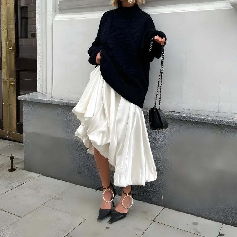Style Core Aesthetics, New Style Trends - Satin A-Line Bubble Midi Skirt