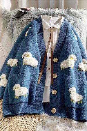 Style Core Aesthetics, New Style Trends - Sheep Embroidery Knitted Cardigan