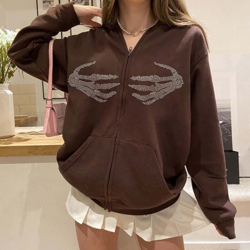Style Core Aesthetics, New Style Trends - Skeleton Hands Rhinestone Hoodie