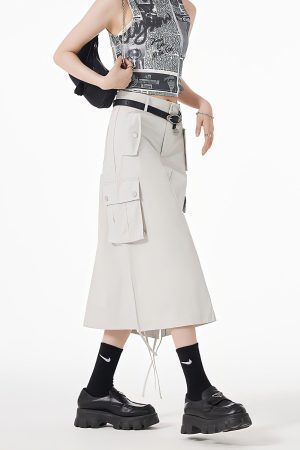 Style Core Aesthetics, New Style Trends - Slit & String Detailed Cargo Midi Skirt