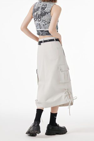 Style Core Aesthetics, New Style Trends - Slit & String Detailed Cargo Midi Skirt
