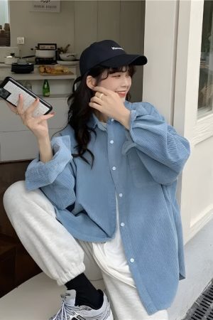 Style Core Aesthetics, New Style Trends - Smiley Embroidered Corduroy Shirt