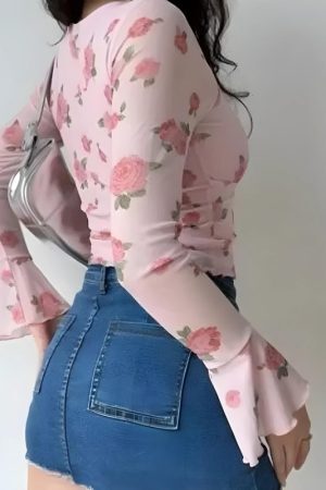 Style Core Aesthetics, New Style Trends - Soft Girl Rose Garden Mesh Top
