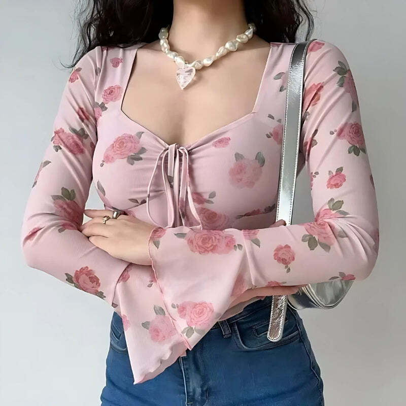 Style Core Aesthetics, New Style Trends - Soft Girl Rose Garden Mesh Top