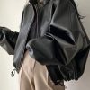 Style Core Aesthetics, New Style Trends - Solid Big Pocket Drawstring Collar Neck Leather Jacket