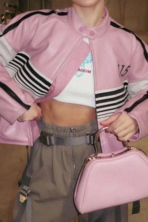 Style Core Aesthetics, New Style Trends - Striped Contrast Color Splice Leather Jacket