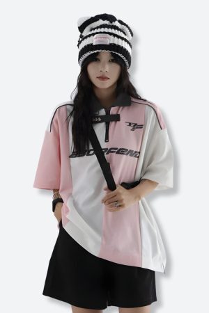 Style Core Aesthetics, New Style Trends - Striped Half Zip-Up Jersey Top