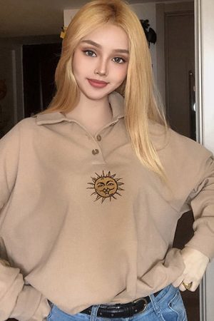 Style Core Aesthetics, New Style Trends - Sun Embroidery Button Up Sweatshirt