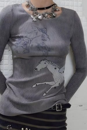 Style Core Aesthetics, New Style Trends - Top Côtelé Y2K Grunge Cheval Blanc