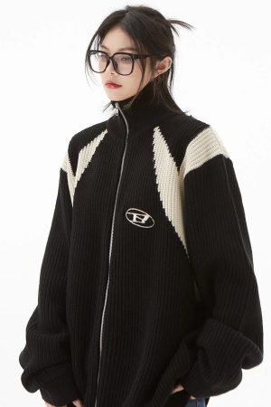 Style Core Aesthetics, New Style Trends - Turtleneck Zip-Up Loose Cardigan