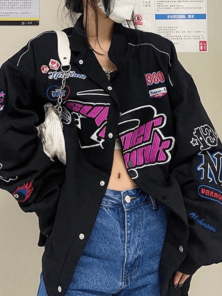 Style Core Aesthetics, New Style Trends - Vintage Embroidered Button-Down Motorcycle Varsity Jacket