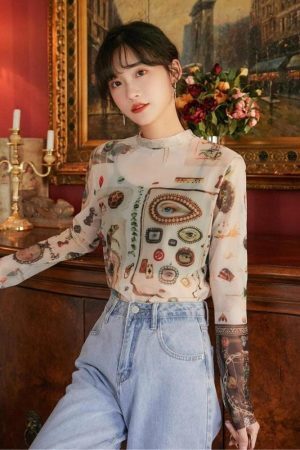 Style Core Aesthetics, New Style Trends - Vintage Symbols Sheer Top