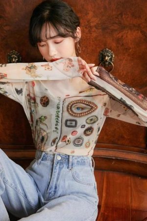 Style Core Aesthetics, New Style Trends - Vintage Symbols Sheer Top