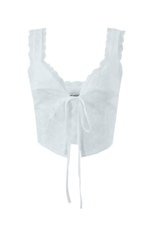 Style Core Aesthetics, New Style Trends - White Tie Front Lace Cropped Tank Top