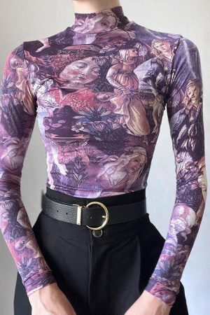 Style Core Aesthetics, New Style Trends - Y2K Angel Graphic Mesh Top