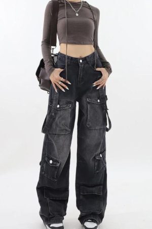Style Core Aesthetics, New Style Trends - Y2K Belted Dark Wash Cargo Jeans