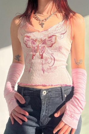 Style Core Aesthetics, New Style Trends - Y2K Butterfly Pink Crop Top