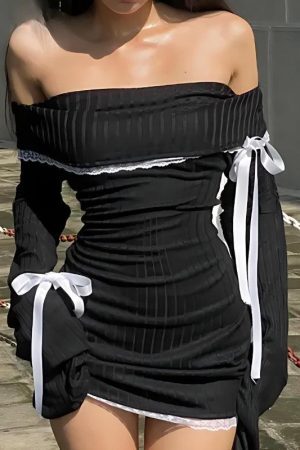 Style Core Aesthetics, New Style Trends - Y2K Corduroy Off Shoulder Bow Mini Dress