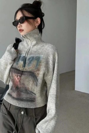 Style Core Aesthetics, New Style Trends - Y2K Half Zip-Up Knitted Sweater