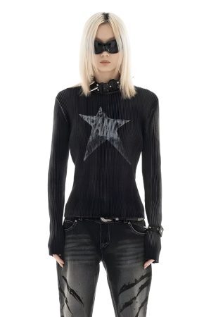 Style Core Aesthetics, New Style Trends - Y2K Star Tall Long Sleeve Corduroy Sweater