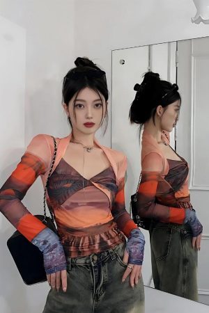 Style Core Aesthetics, New Style Trends - Y2K Sunset Mesh Top