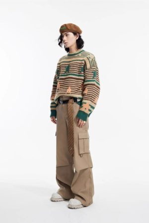 Style Core Aesthetics, New Style Trends - Y2K Vintage Stars Striped Knitted Sweater