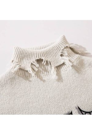 Style Core Aesthetics, New Style Trends Bear Pattern Raw Hem Turtleneck Sweater