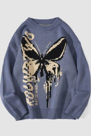 Style Core Aesthetics, New Style Trends Butterfly Graffiti Print Knit Sweater
