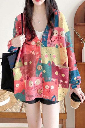 Style Core Aesthetics, New Style Trends Cartoon Cat Cardigan