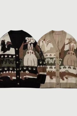 Style Core Aesthetics, New Style Trends Cartoon Rabbit Jacquard Cardigan