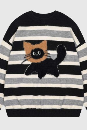 Style Core Aesthetics, New Style Trends Cat Striped Knit Sweater