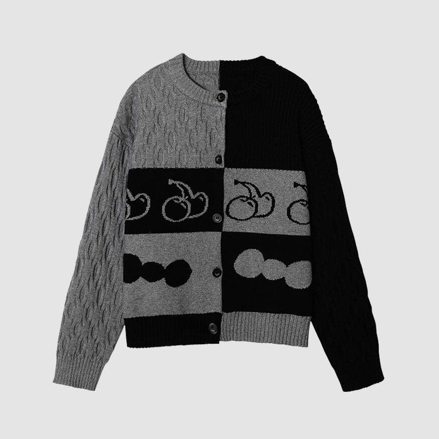 Style Core Aesthetics, New Style Trends Color Block Cherry Pattern Cardigan Sweater