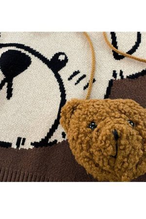 Style Core Aesthetics, New Style Trends Cute Bear Print Knit Sweater + Bear Mini Bag