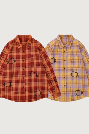 Style Core Aesthetics, New Style Trends Cute Cat Plaid Shirt