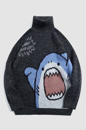 Style Core Aesthetics, New Style Trends Cute Shark Pattern Turtleneck Knit Sweater
