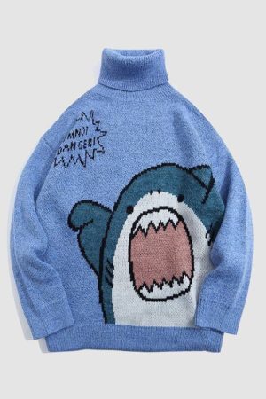 Style Core Aesthetics, New Style Trends Cute Shark Pattern Turtleneck Knit Sweater