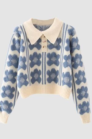 Style Core Aesthetics, New Style Trends Floral Pattern Polo-Collar Sweater