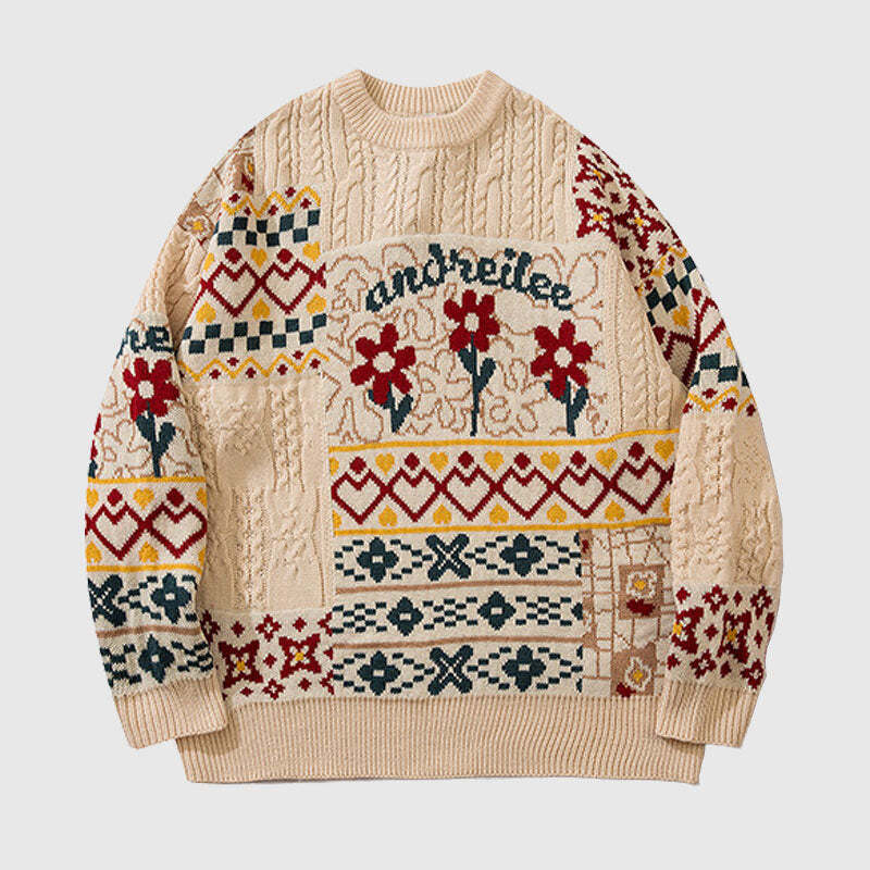Style Core Aesthetics, New Style Trends Flower Pattern Stitching Knit Pullover