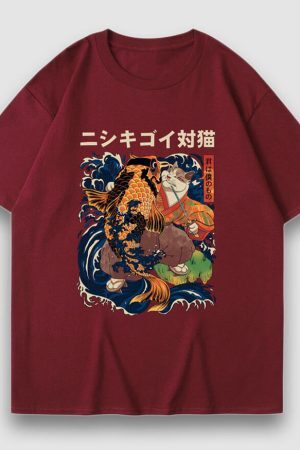 Style Core Aesthetics, New Style Trends Goldfish & Cat Illustration Print Tee