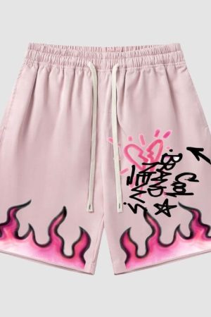 Style Core Aesthetics, New Style Trends Hip Hop Flame Print Shorts