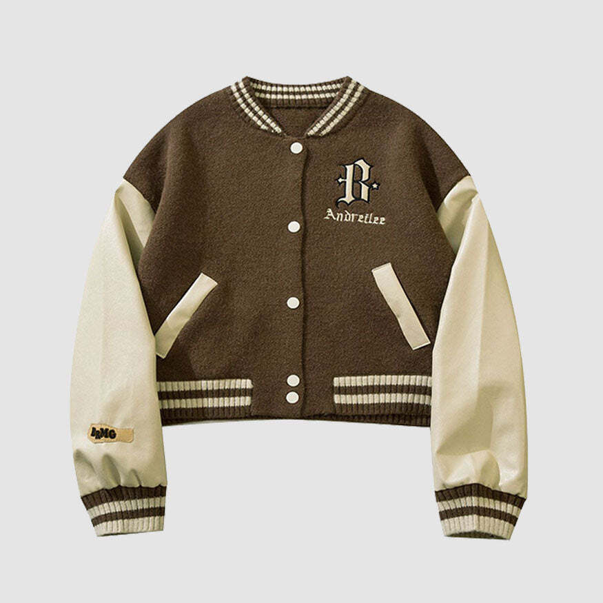 Style Core Aesthetics, New Style Trends PU Sleeve Patchwork Cropped Varsity Jacket