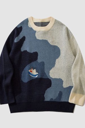 Style Core Aesthetics, New Style Trends Sailboat Embroidery Knit Sweater