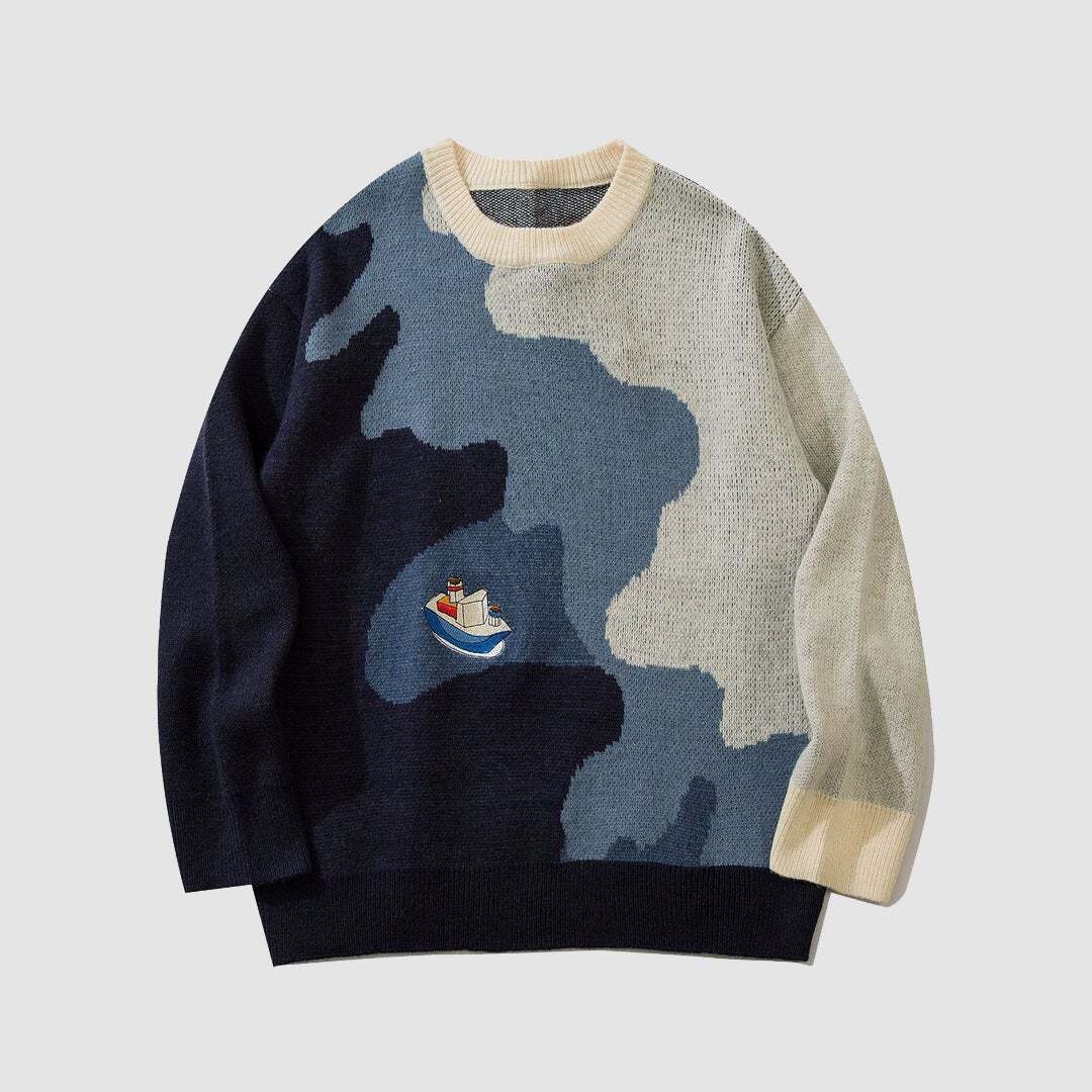 Style Core Aesthetics, New Style Trends Sailboat Embroidery Knit Sweater